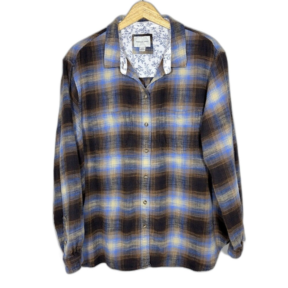 Women’s American Eagle Outfitters Blue And Brown Shirt Button Up Size XL
